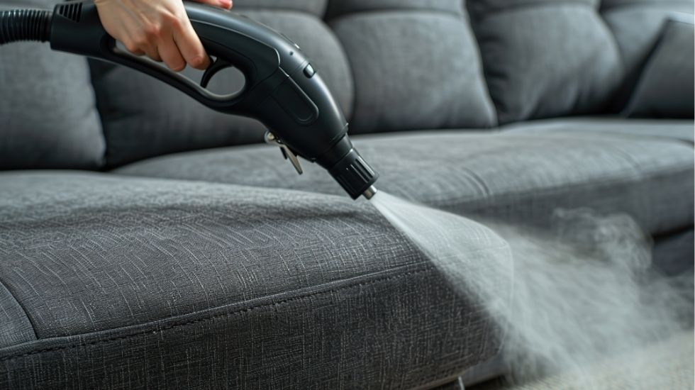 Person using a steam cleaner to sanitize a fabric sofa, ensuring deep cleaning for a refreshed and hygienic surface