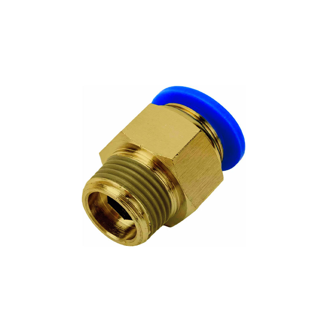 Side angle view of brass fitting with blue quick-connect seal and threaded design for secure attachment.