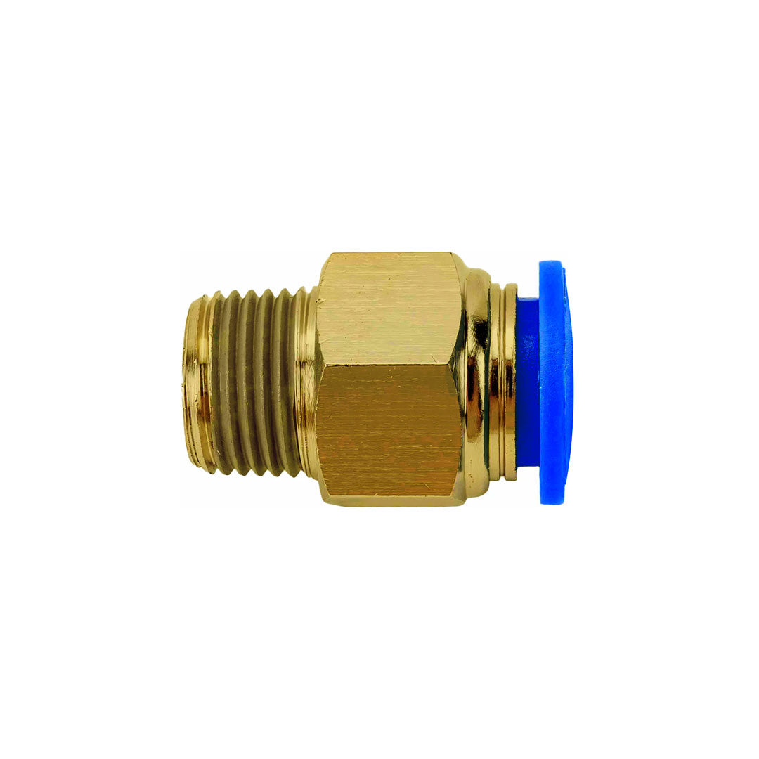 Brass quick-connect fitting with blue seal, featuring durable construction and threaded connection.