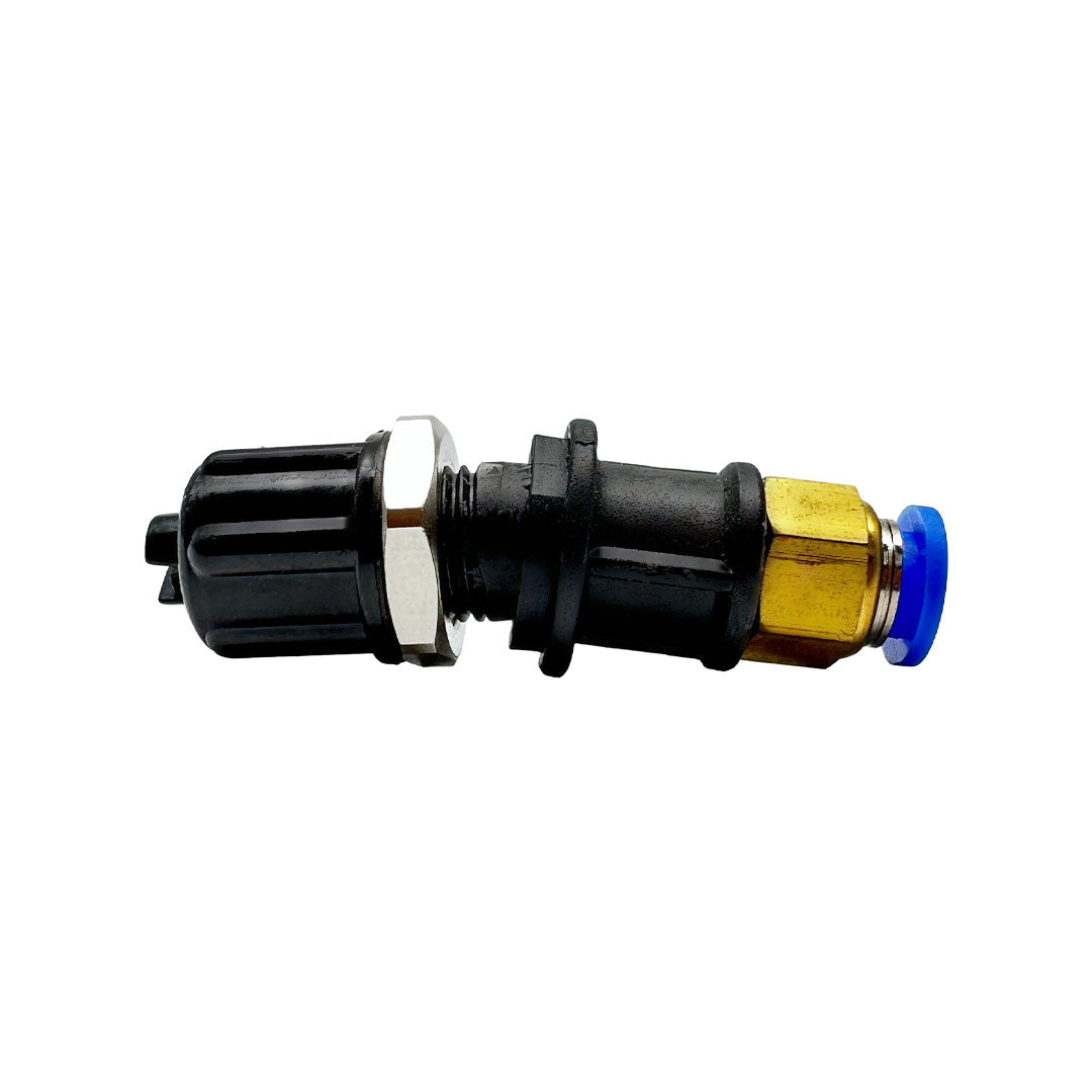 Side view of a black upholstery tool detergent spray nozzle with brass fitting and blue push-in cap.