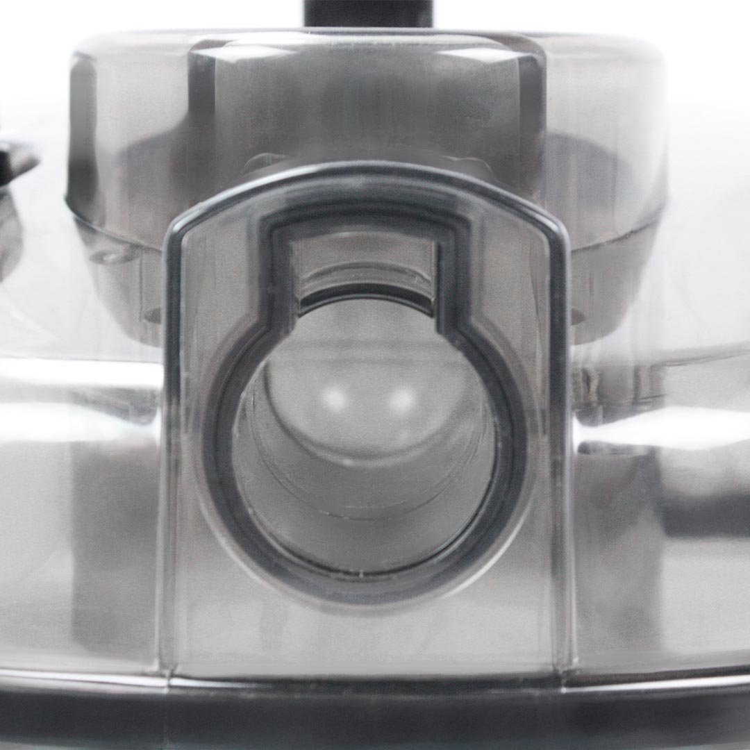 Close-up of the Aqua Pro Vac transparent lid featuring the hose inlet.