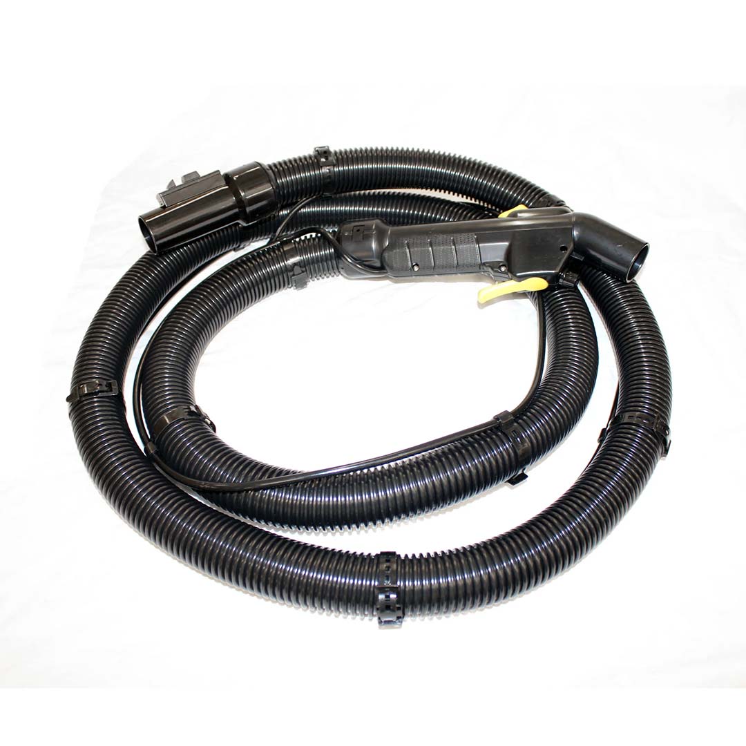 Coiled black vacuum hose with a built-in trigger handle and attached water hose for Aqua Pro Vac.