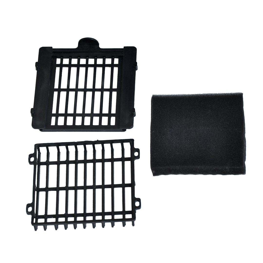 Disassembled grid air filter with a black sponge filter for efficient airflow.