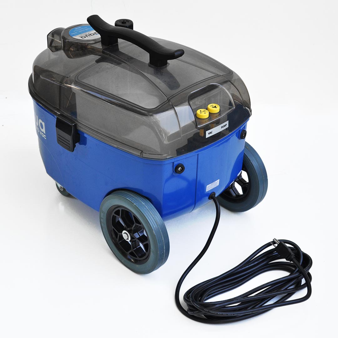 Aqua Pro Vac - Top-side view of the blue portable carpet extractor with durable wheels, long cord and dual control switches.