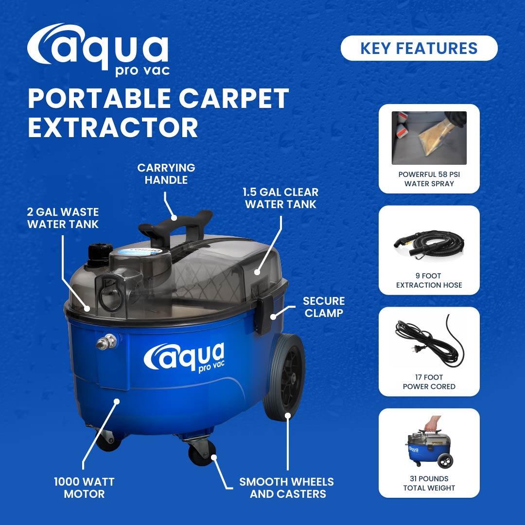 Key features infographic of the Aqua Pro Vac Extarctor.