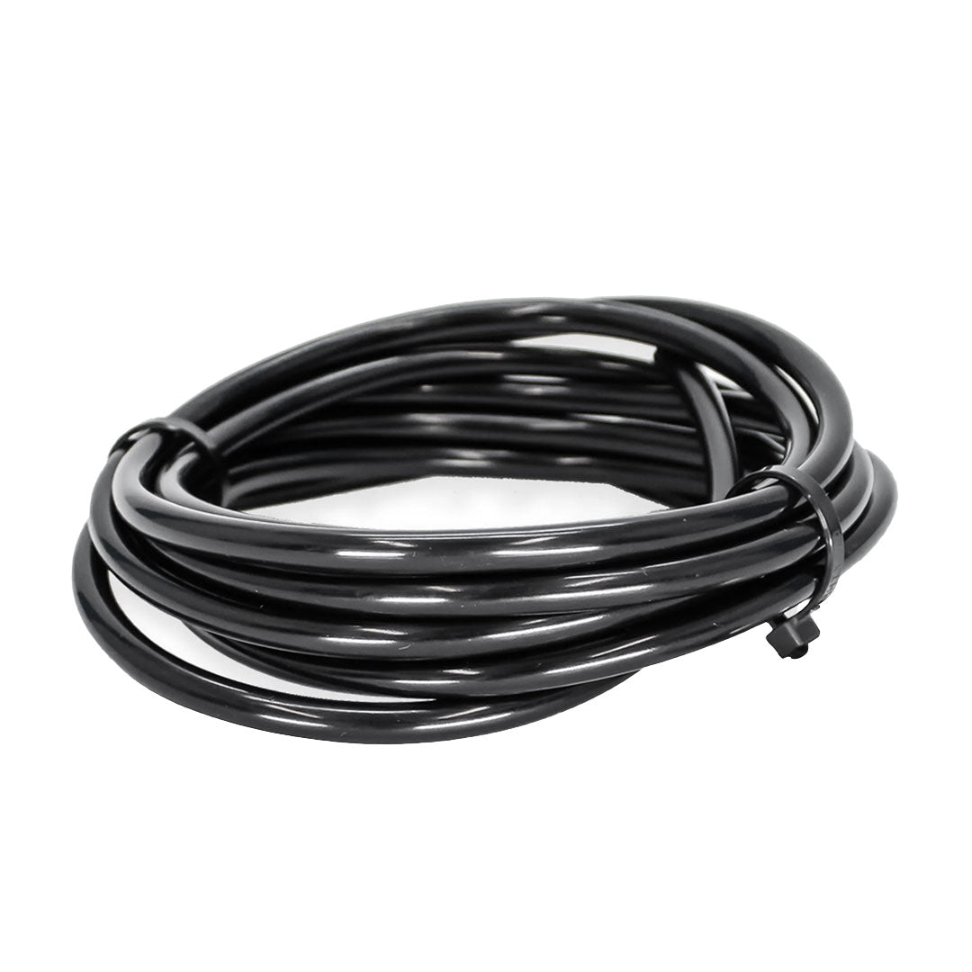 Close-up of a neatly tied coiled black water hose designed for Aqua Pro Vac.