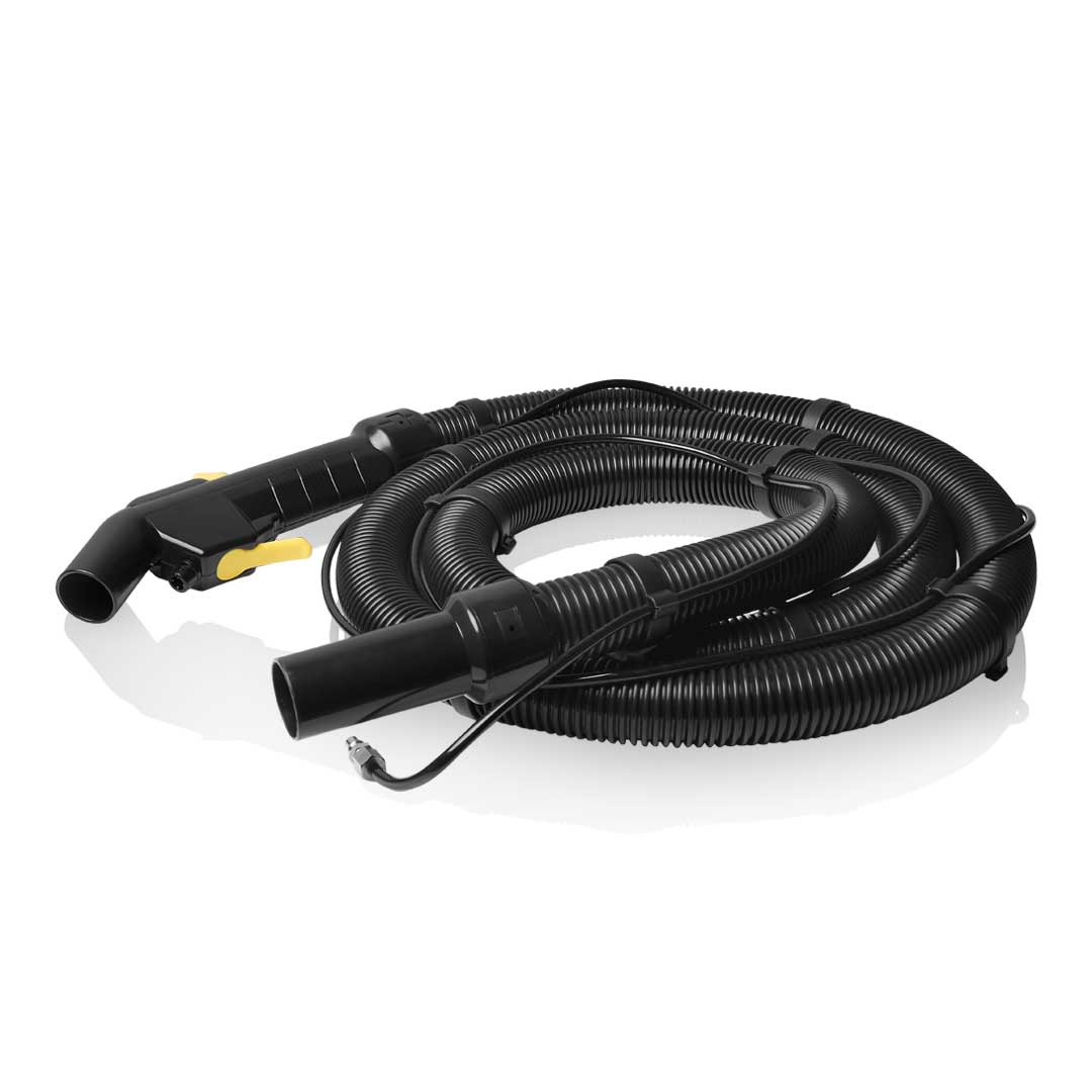 Aqua Pro Vac black coiled long vacuum hose with an attached connector and trigger handle.